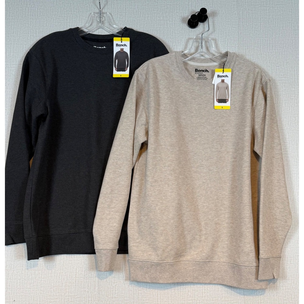 Lot of 2 Bench Mens Waffle Knit Crewneck Sweatshirt Dark Gray Tan •S• Layering